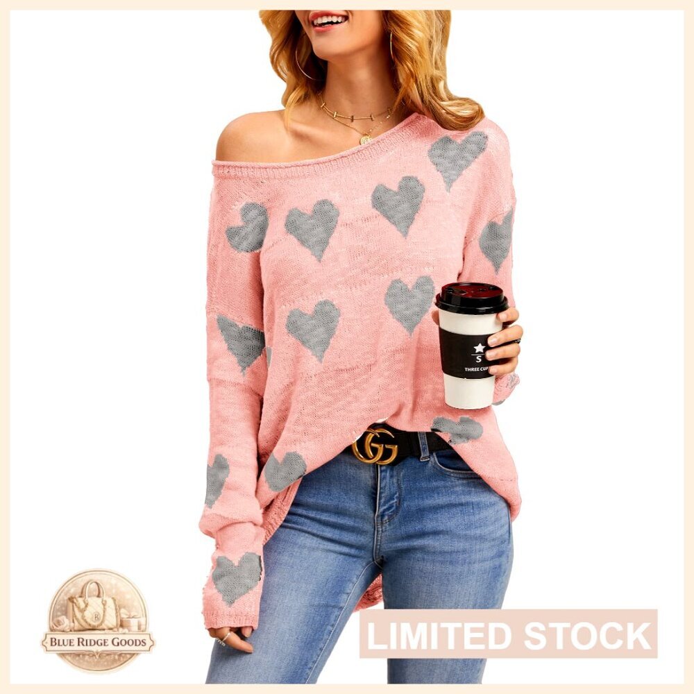 Off Shoulder Knitted Pullover Sweater Loose Long Sleeve Hearts Printed Ripped